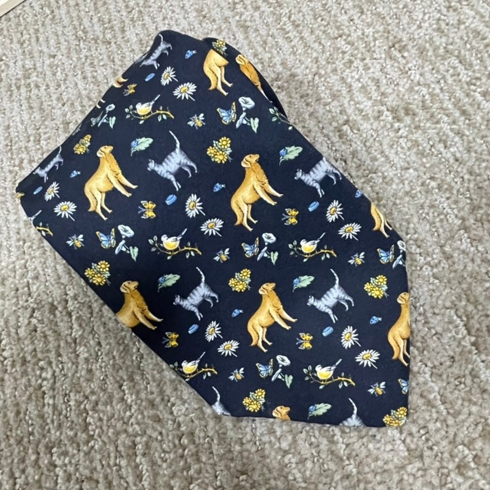 Dog Lover AOP Novelty Silk Necktie Blue Animal Floral Eclectic Dark Academia